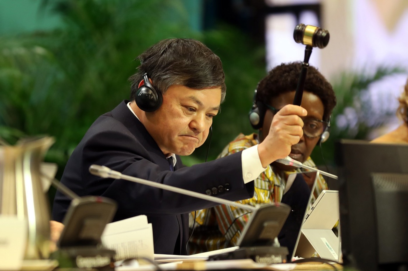 Es ist vollbracht – Huang Runqiu, chinesischer Minister für Ökologie und Umwelt und Präsident der COP 15, besiegelt am 19. Dezember 2022 den Abschluss der Verhandlungen mit einem Hammerschlag. ©  IISD/Mike Muzurakis (alle)